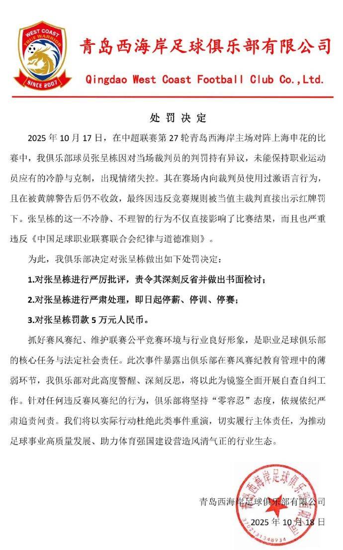 怒噴裁判染紅<strong></p>
<p>宏鑫機械設備有限公司
</strong>！青島西海岸對張呈棟處以三停處罰 罰款5萬:宏鑫機械設備有限公司
